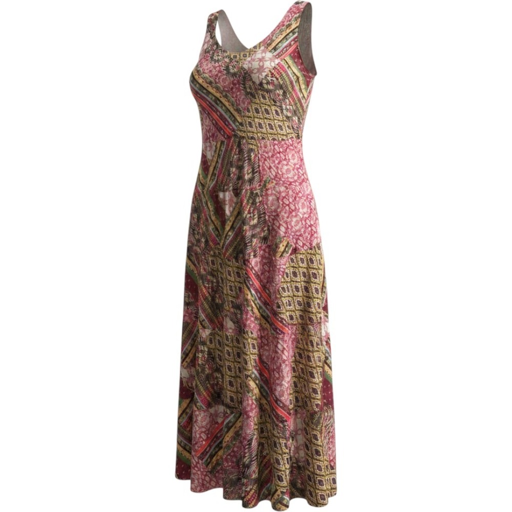 Jones Studio Women 16 Maxi Dress Patchwork Print Sleeveless Tiered Burgundy Gold